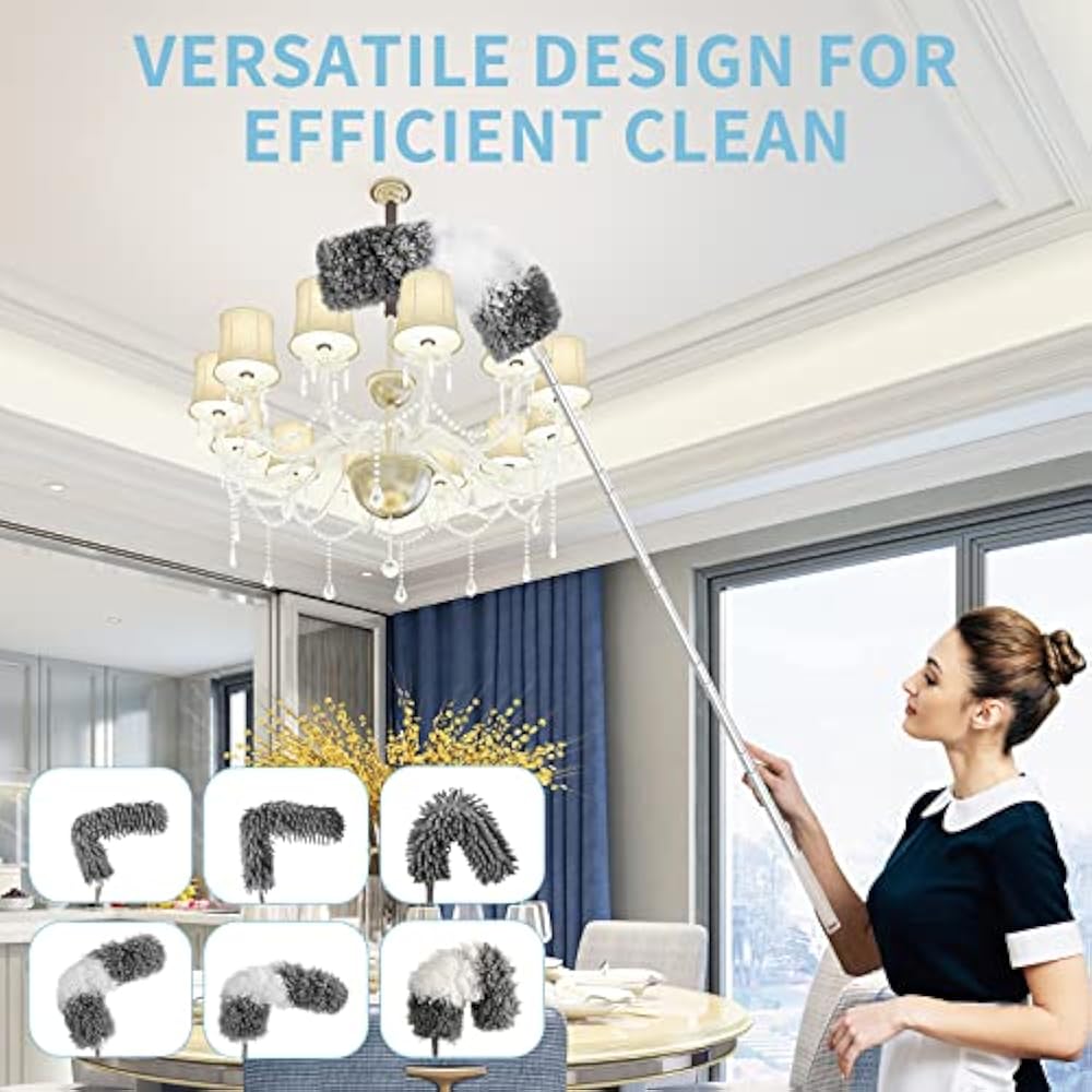 Microfiber Duster for Cleaning Telescopic Extension Long Pole Bendable Head, Scratch-Resistant Cover